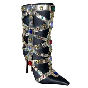 Azalea Wang‎ Martinez Boots Size 6.5 Black Satin Jeweled Stiletto Knee High